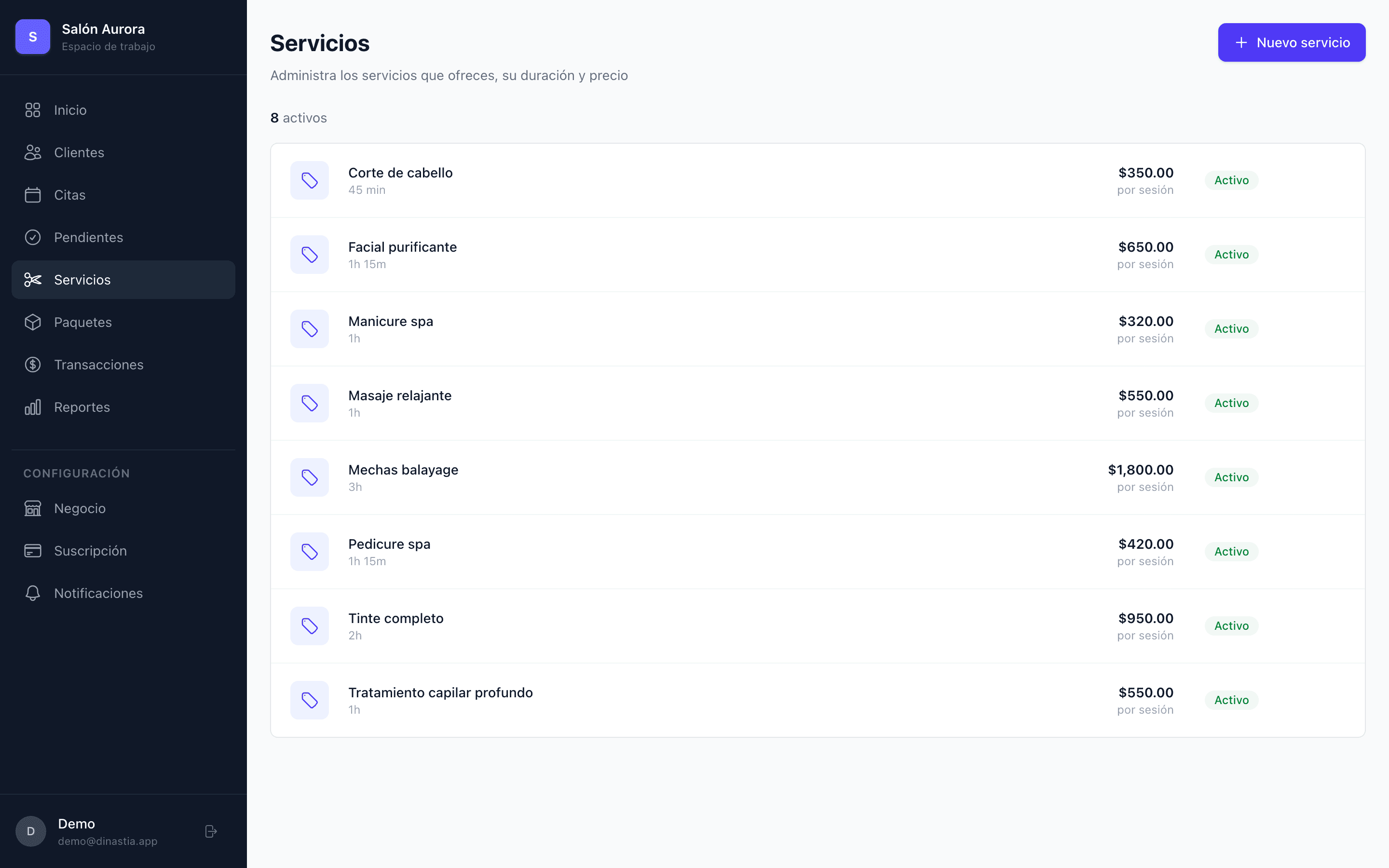 Catálogo de servicios de Marvin con nombre, duración y precio por sesión