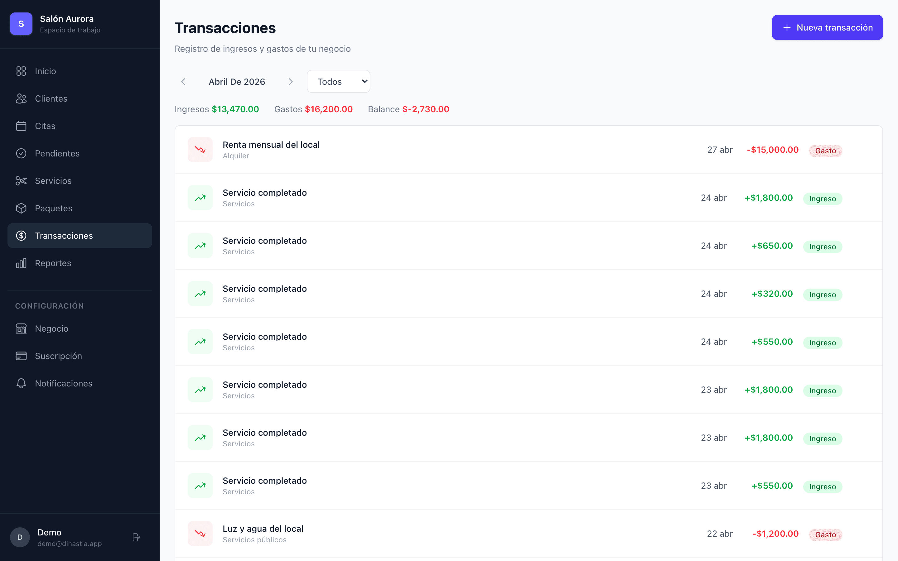 Lista de transacciones de Marvin mezclando ingresos por servicios y gastos del mes